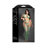 Fantasy Lingerie Sheer Heart Of Glass Lace Knit Halter Tie Top, G-String & Gartered Stockings Seaglass Green Queen Size