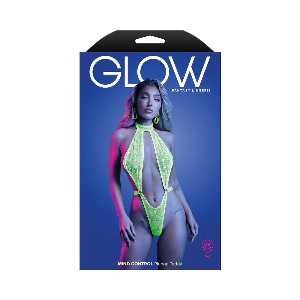 Fantasy Lingerie Glow Mind Control UV Reactive Lace Halter Plunge Teddy(discontinued)