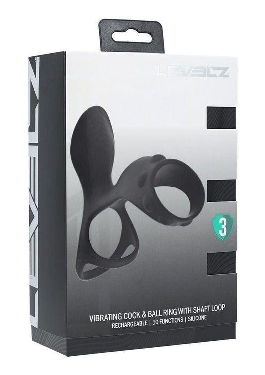 Levelz Vibrating Silicone Rechargeable Cock & Ball Ring with Shaft Loop - Black
