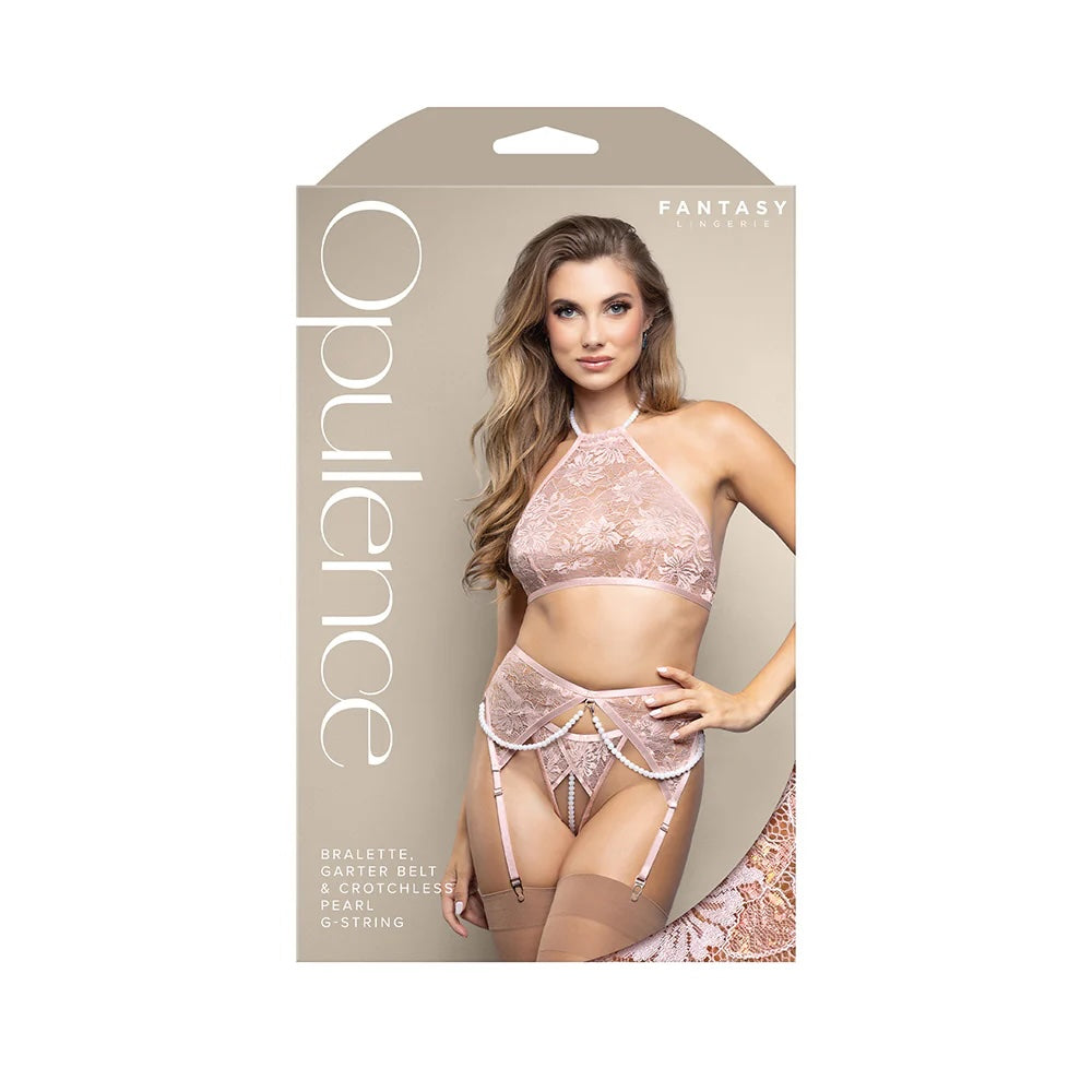Fantasy Lingerie Opulence Pearl Halter Bralette, Garter Belt & Crotchless Pearl G-String Light Pink