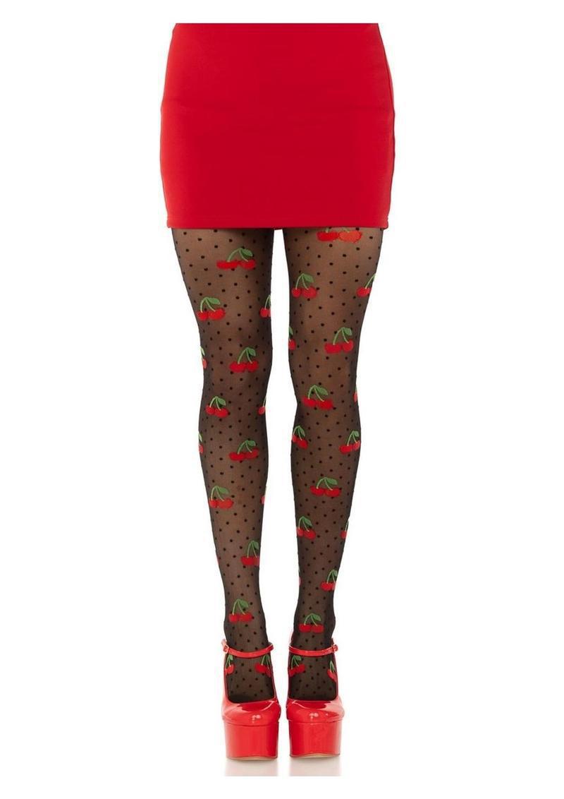 Leg Avenue Spandex Sheer Polka Dot Cherry Tights - OS - Black