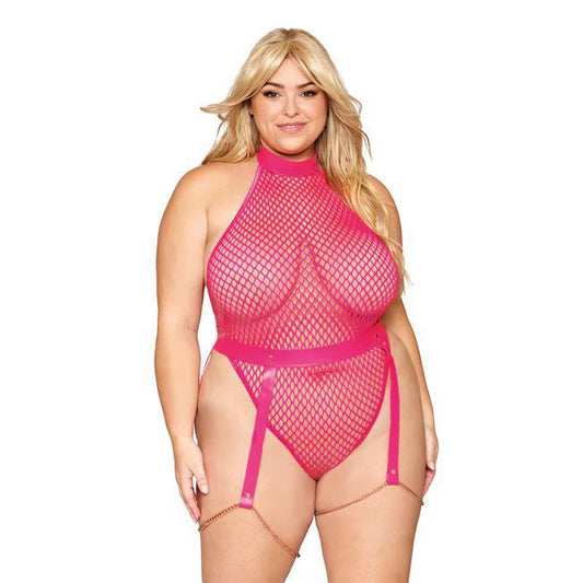 Dreamgirl Fishnet Teddy with Pleather and Chain Garter Belt Peony