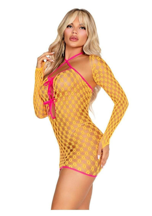 Leg Avenue Eyelet Net Mini Dress with Tie-Front Keyhole Detail and Shrug (2 Piece) - O/S