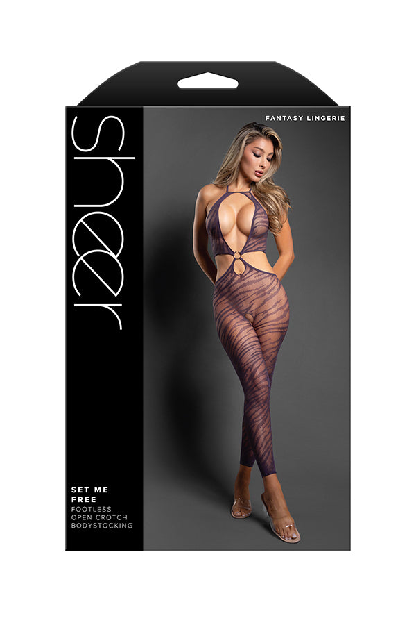 Sheer Set Me Free Footless Open-Crotch Halter Bodystocking Dark Purple
