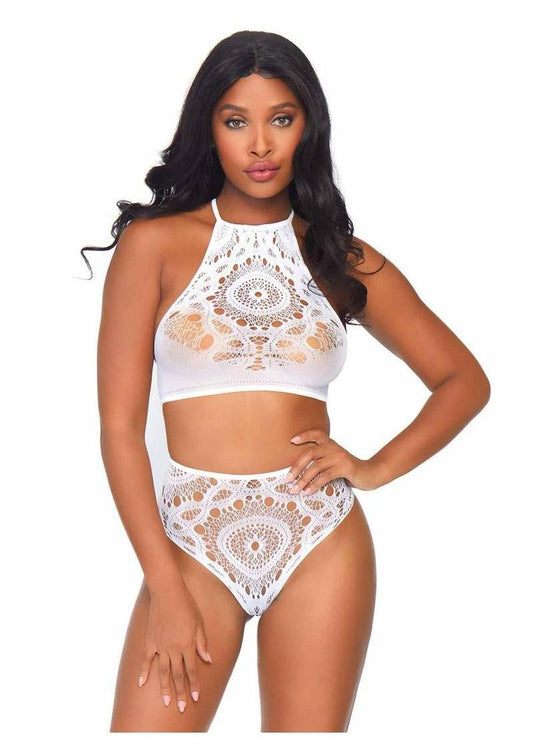 Leg Avenue Crochet Lace Halter Crop Top with Strappy Back Detail and High Waist Thong Panties (2 Piece)