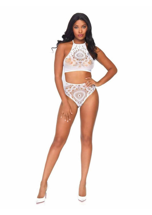 Leg Avenue Crochet Lace Halter Crop Top with Strappy Back Detail and High Waist Thong Panties (2 Piece)