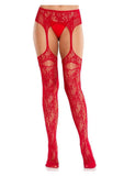 Leg Avenue Bloom Net Stockings with Cut-Out Thigh Detail and Attached Garter Belt - Red - O/S