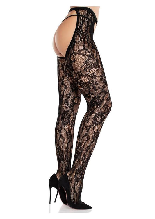 Eyelet Rose Lace Crotchless Tights with Cheeky Open Back - Black - O/S