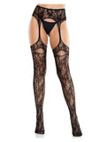 Leg Avenue Bloom Net Stockings with Cut-Out Thigh Detail and Attached Garter Belt - Black - O/S