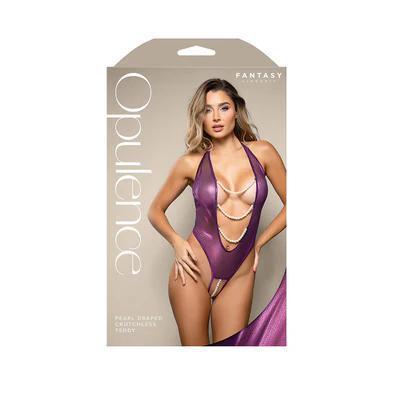 Fantasy Lingerie Opulence Foil Mesh Plunging Pearl Halter Teddy with Open Pearl Crotch