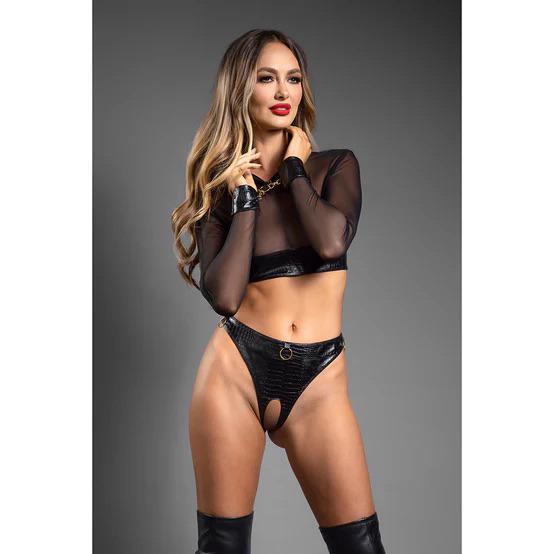 Fantasy Lingerie Domina Embossed Faux Leather Mesh Long Sleeve Top & Crotchless Thong