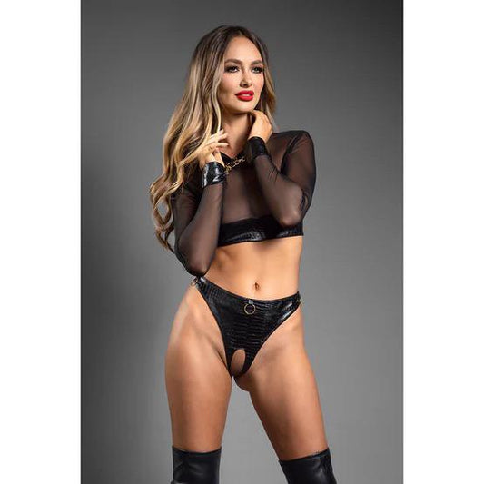 Fantasy Lingerie Domina Embossed Faux Leather Mesh Long Sleeve Top & Crotchless Thong