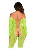 Leg Avenue Python Net Crotchless Footless Lingerie Jumpsuit with Faux Lace Up Detail - O/S- Neon Green