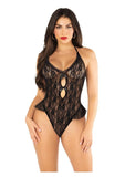 Floral Lace Halter Bodysuit with Mini Bow and Flutter Accent - OS