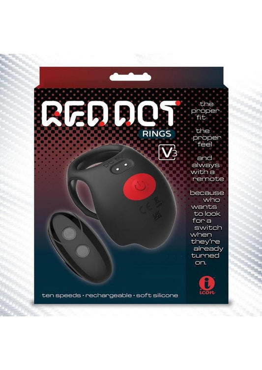 Red Dot Silicone Rechargeable Vibrating Cock Ring with Remote Control V3 - Black/Red