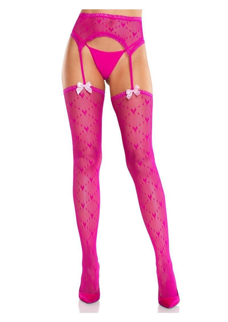 Leg Avenue Heart Lace Trimmed Heart Net Stockings with Attached Garter Belt - OS