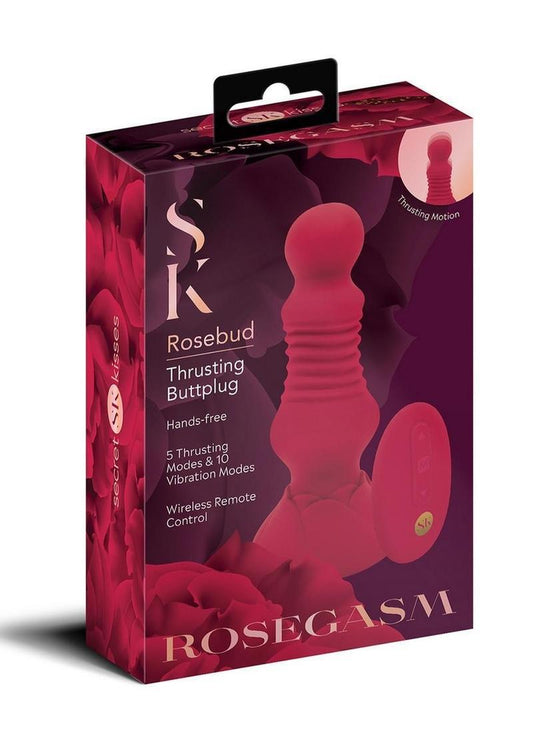 Secret Kisses Thrusting Rechargeable Silicone Rosebud Buttplug with Remote Control - Red