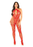 Leg Avenue Seamless Net and Lace Lingerie Jumpsuit with Keyhole Crossover Halter - OS