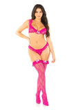 Leg Avenue Ruffle Trimmed Bow Net Bra Top G-String Panty and Ruffle Top Thigh High (3 Piece) - OS - Magenta