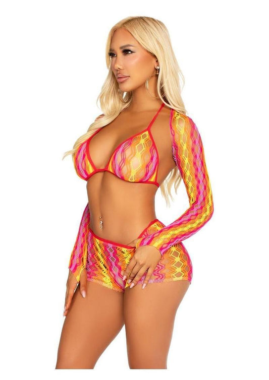 Leg Avenue Zig Zag Net Bikini Top, Boyshorts, and Shrug - Multicolor - O/S