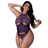 Magic Silk Leather & Lace Lace Cup Basque & Split Crotch Panty Set Plum