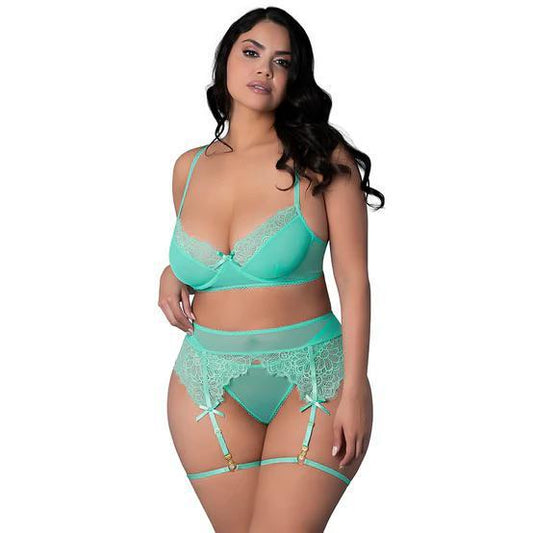 Magic Silk Caribbean Crush Demi Bra & Thong with Garter Set Aqua Glow
