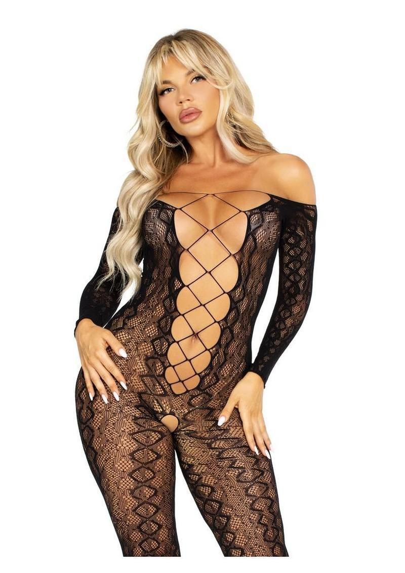 Leg Avenue Python Net Crotchless Footless Lingerie Jumpsuit with Faux Lace Up Detail - Black - O/S