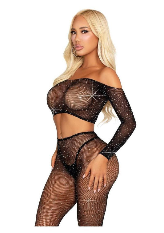 Leg Avenue Rhinestone Fishnet Crop Top and Footless Tights -O/S