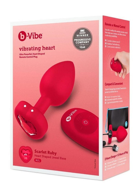 B-Vibe Vibrating Heart Shape Jewel Rechargeable Silicone Anal Plug with Remote Control - Medium/Large - Red