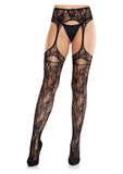 Leg Avenue Bloom Net Stockings with Cut-Out Thigh Detail and Attached Garter Belt - Black - O/S