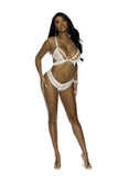 Lace bra with strappy front detail, adjustable straps, back clip closure and hook and eye closure.