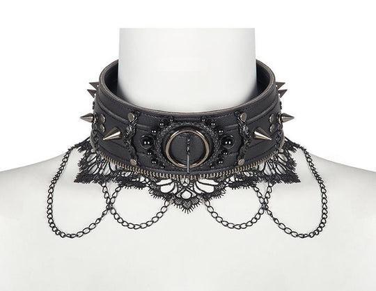 WIDE BAND GOTHIC COLLAR WITH SPIKES, CHAIN AND LACE