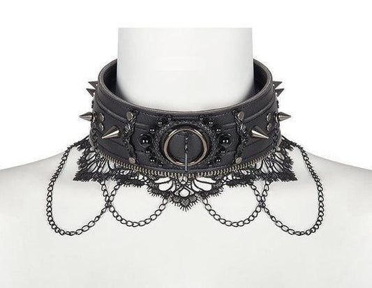WIDE BAND GOTHIC COLLAR WITH SPIKES, CHAIN AND LACE