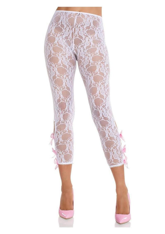 Leg Avenue Scalloped Trimmed Floral Lace Footless Capri Tights with Keyhole Bow Detail - O/S