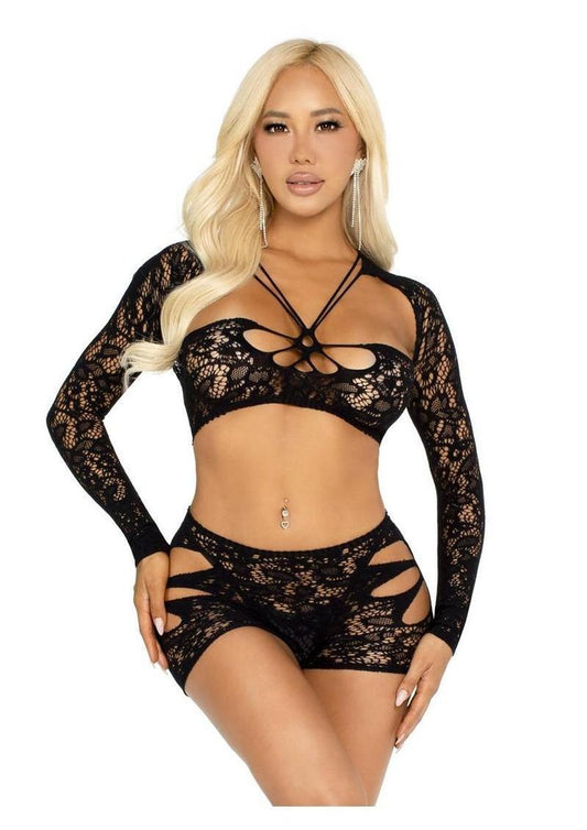 Leg Avene Lace Cut-Out Bra Top, Attached Shrug, and Boy Shorts (2 Piece) - Black - O/S