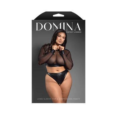 Fantasy Lingerie Domina Embossed Faux Leather Mesh Long Sleeve Top & Crotchless Thong