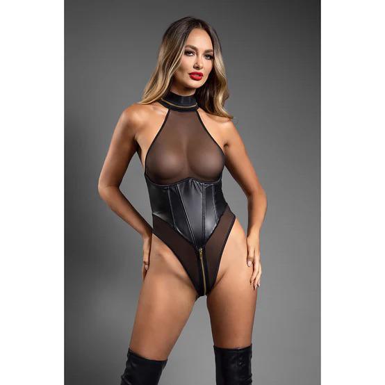Fantasy Lingerie Domina Faux Leather Corset Mesh Teddy with Zipper Halter & Front To Back Zipper