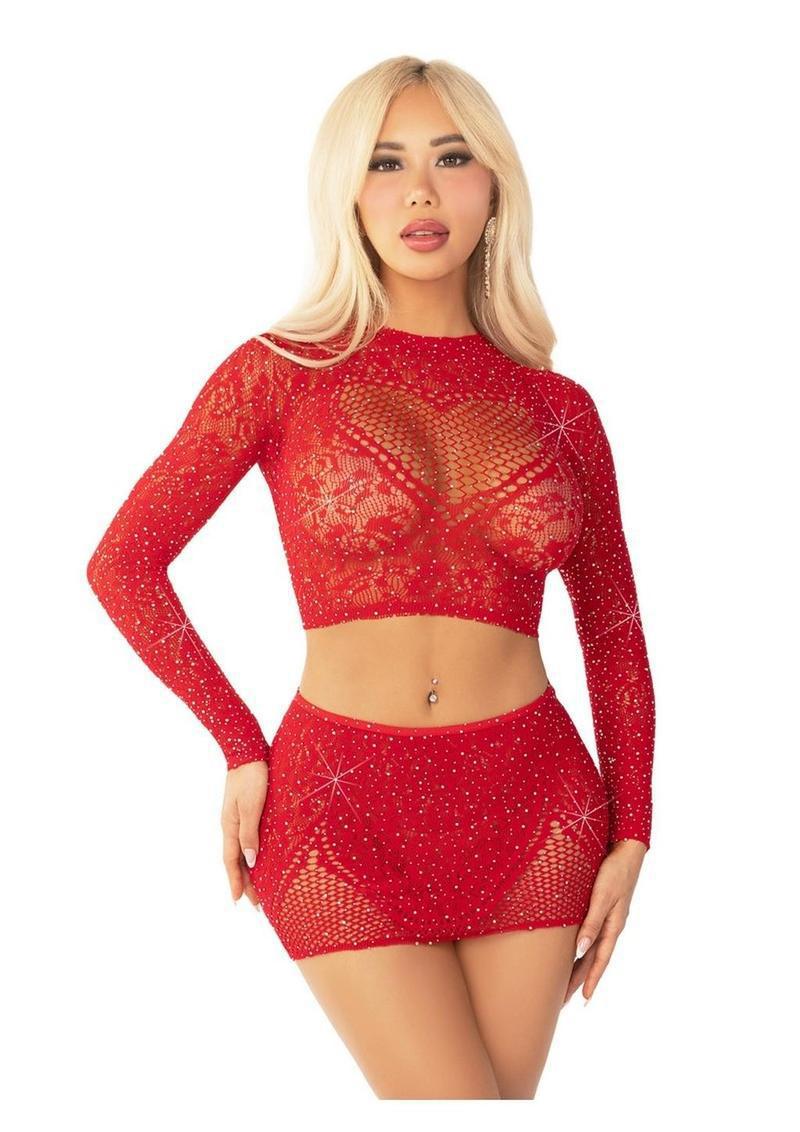 Leg Avenue Rhinestone Lace and Net Crop Top (2 Piece) - OS - Black