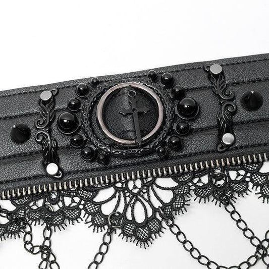 WIDE BAND GOTHIC COLLAR WITH SPIKES, CHAIN AND LACE