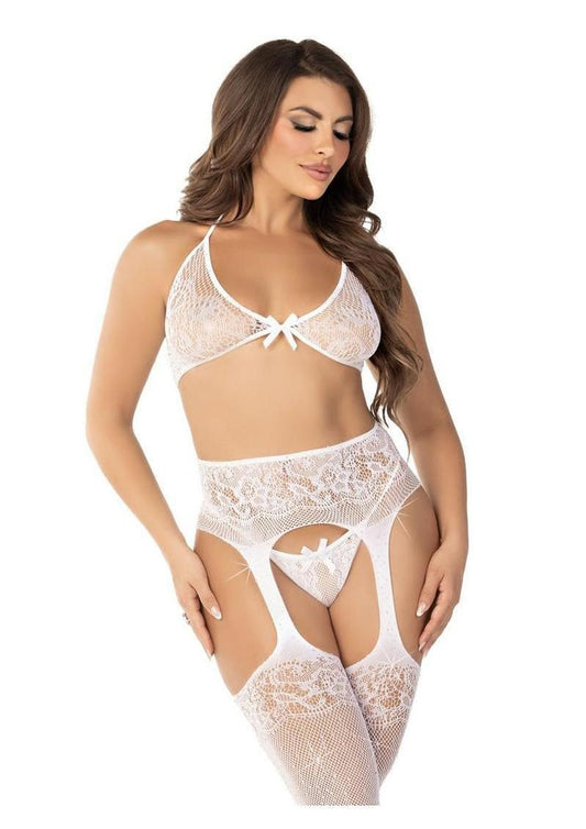 Leg Avenue Rhinestone Lace Bra Top G-String and Fishnet Garter Belt Stockings (3 Piece) - White - O/S