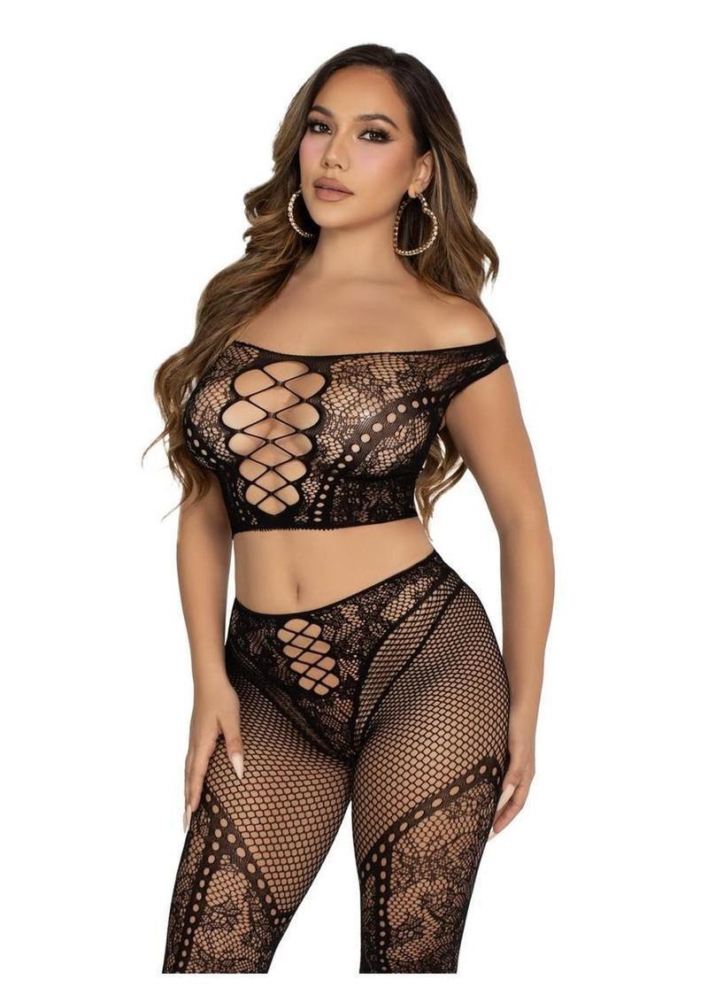 Leg Avenue Net and Lace Off-the-Shoulder Crop Top and Footless Tights (2 Piece) - Black - O/S