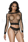 Long sleeve diamond net top with opaque panels and matching panty