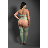 Fantasy Lingerie Sheer Heart Of Glass Lace Knit Halter Tie Top, G-String & Gartered Stockings Seaglass Green Queen Size