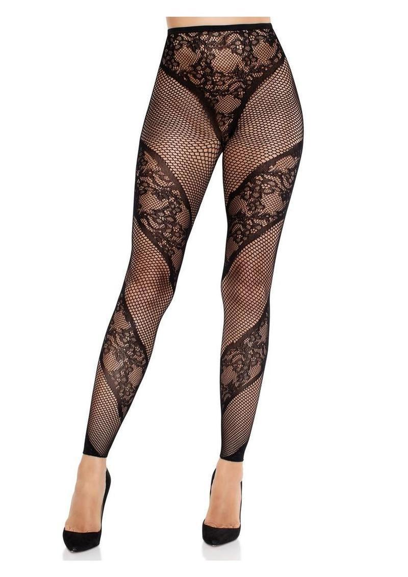 Leg Avenue Lace and Net Illusion Footless Tights - Black - O/S