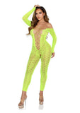 Leg Avenue Python Net Crotchless Footless Lingerie Jumpsuit with Faux Lace Up Detail - O/S- Neon Green