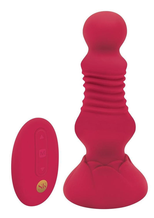 Secret Kisses Thrusting Rechargeable Silicone Rosebud Buttplug with Remote Control - Red