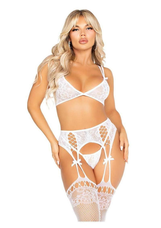 Leg Avenue Lace Bra Top with Dual Strap Detail G-String Panty and Lace Top Garter Belt Stockings - White - O/S