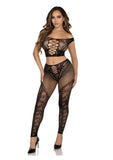 Leg Avenue Net and Lace Off-the-Shoulder Crop Top and Footless Tights (2 Piece) - Black - O/S