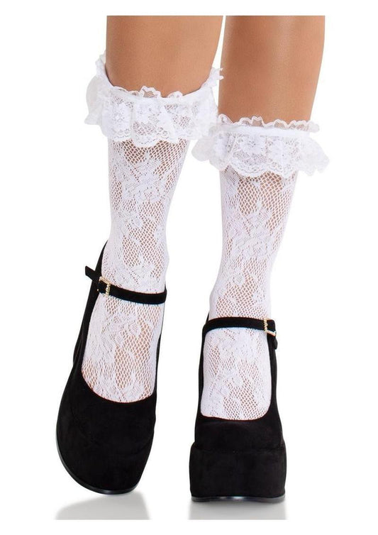 Leg Avenue Floral Lace Ruffle Top Anklets - White - O/S