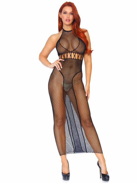 Halter Dual Net Backless Dress with Cut Out Detail